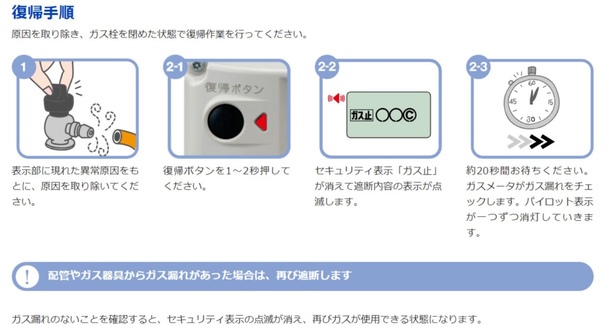 遮断したガスメーターの復帰方法